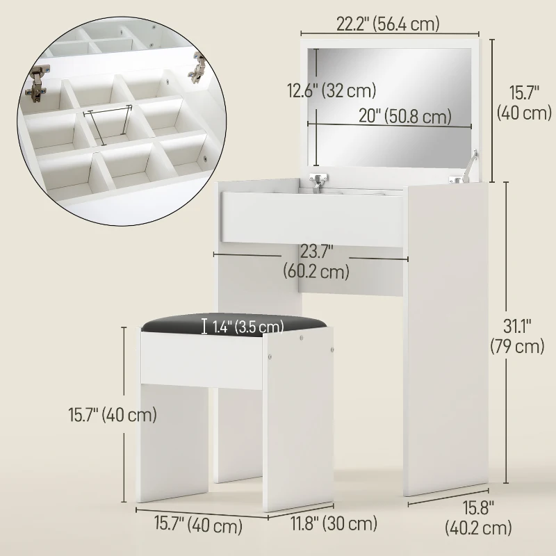 HOMCOM Modern Vanity Set with Makeup Table and Cushioned Stool, Dressing Table with Flip Top and Mirror for Bedroom, White