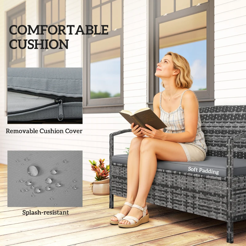 Outsunny 33 Gallon Outdoor Storage Bench, Wicker Deck Box Patio Bench Seat with Cushion, Grey