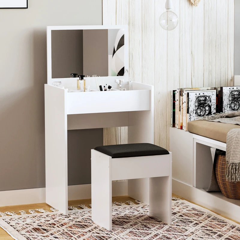 HOMCOM Modern Vanity Set with Makeup Table and Cushioned Stool, Dressing Table with Flip Top and Mirror for Bedroom, White