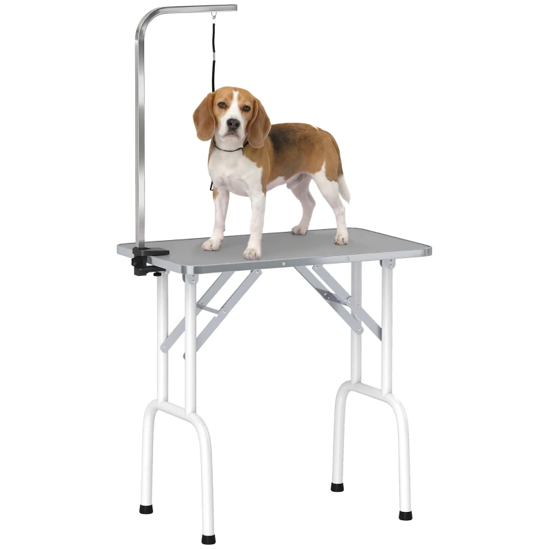 PawHut Foldable Pet Grooming Table for Dogs Cats with Adjustable Arm, Non-slip Surface, Grey