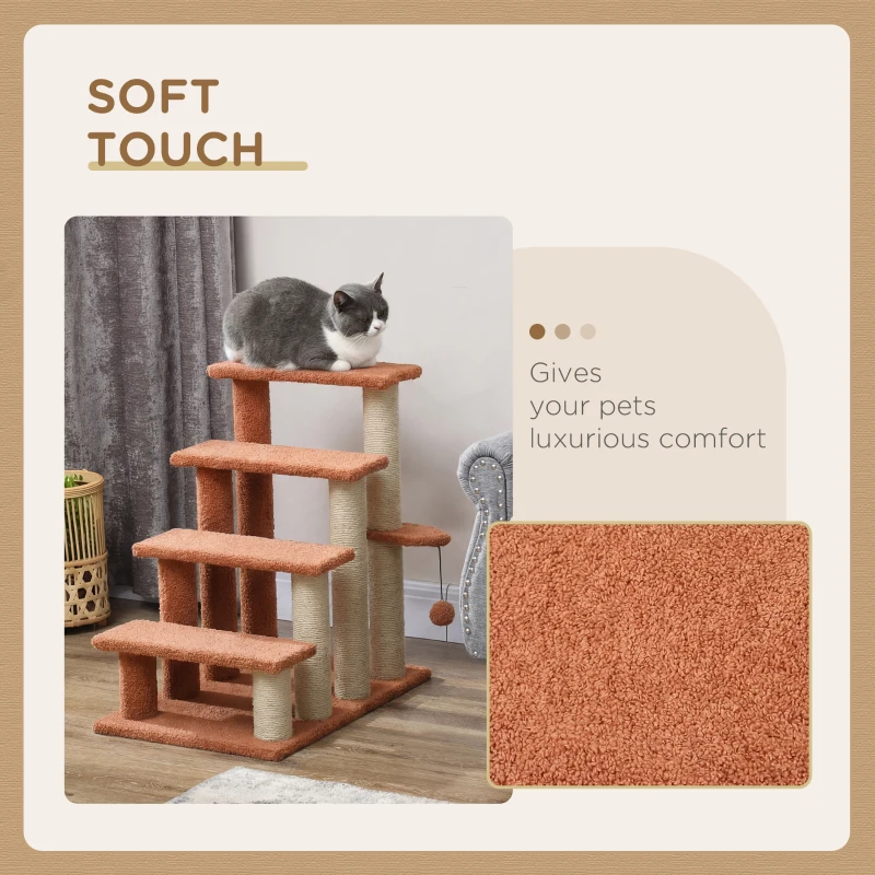PawHut 4 Levels Cat Steps with Scratching Posts for High Bed, Sofa, Brown