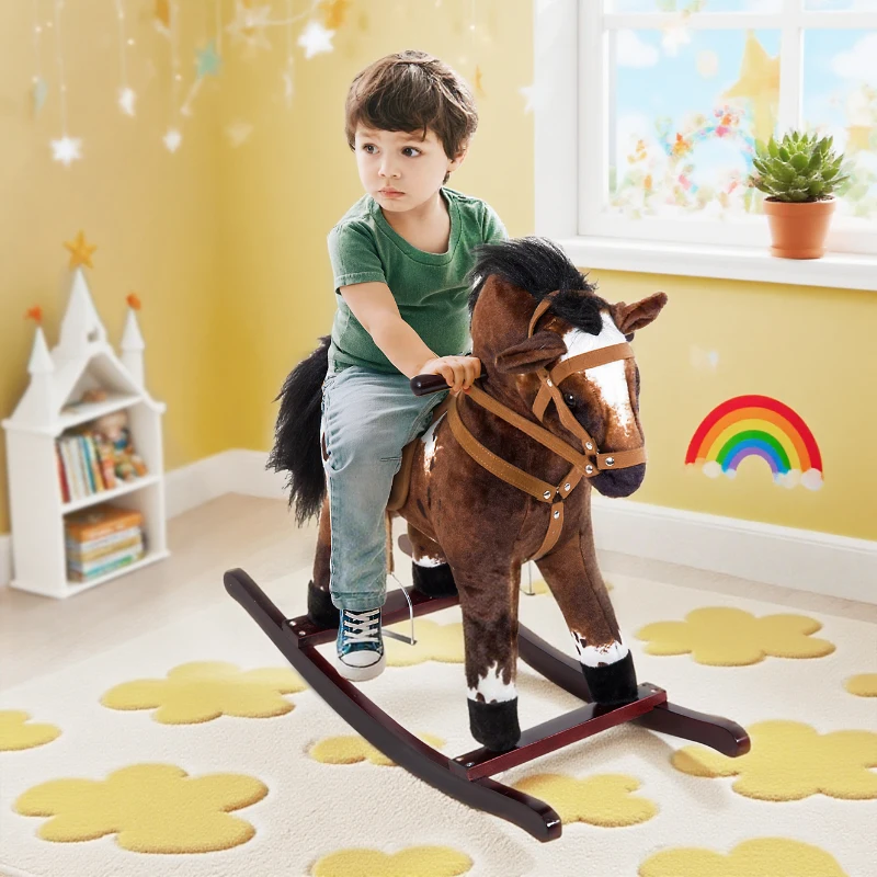 Qaba Kids Wooden Plush Ride-On Rocking Horse Chair Toy with Realistic Sounds Dark Brown/White