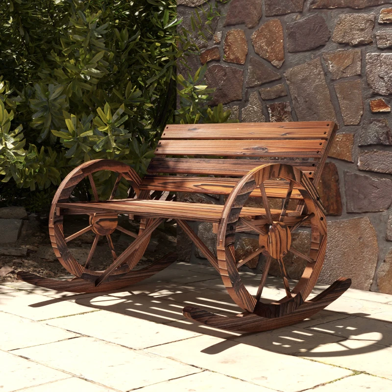 Outsunny Rocking Outdoor Bench, Wood Outdoor Loveseat with Wagon Wheel Armrests, Carbonized