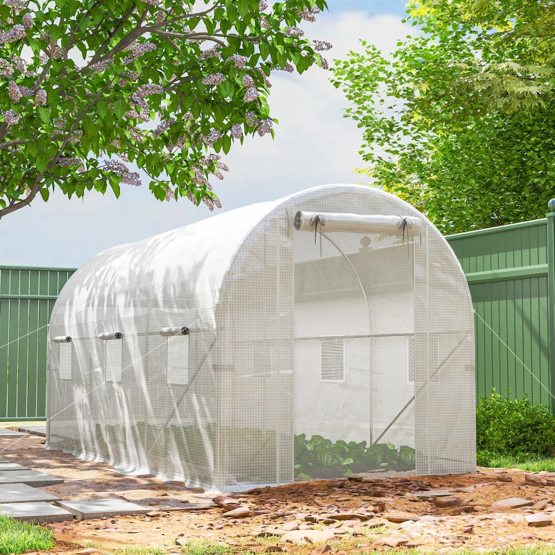 Outsunny Hoop House Greenhouse, Walk-in Tunnel Greenhouse with 2 Support Rods, Zippered Roll-up Mesh Door, 14.6'x6.5'x6.6', White