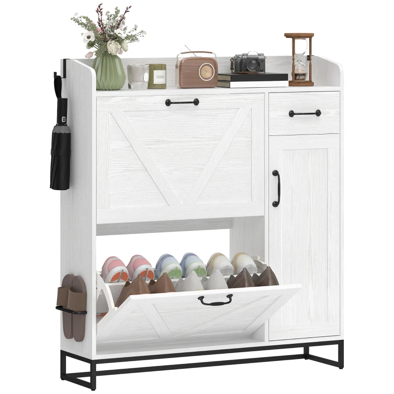 HOMCOM Farmhouse Shoe Storage Cabinet with Side Cabinet and Adjustable Shelves for Entryway, Hallway, Holds 12 Pairs, White