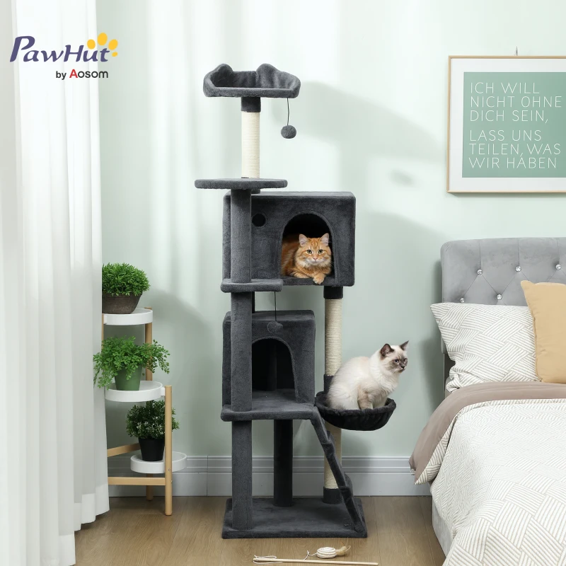 PawHut 63 Inch Cat Tree with Sisal Scratching Posts, Condos, Plush Perches, Hammock, Ladder, Dangling Balls, Dark Grey
