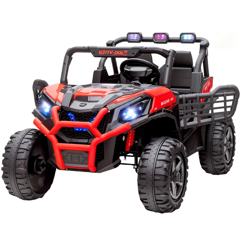 Qaba 2 Seater 24V Kids Electric Car w/ Remote Control, 3 Speed, LED Lights, Music, Horn, Spring Suspension, Slow Start, Red