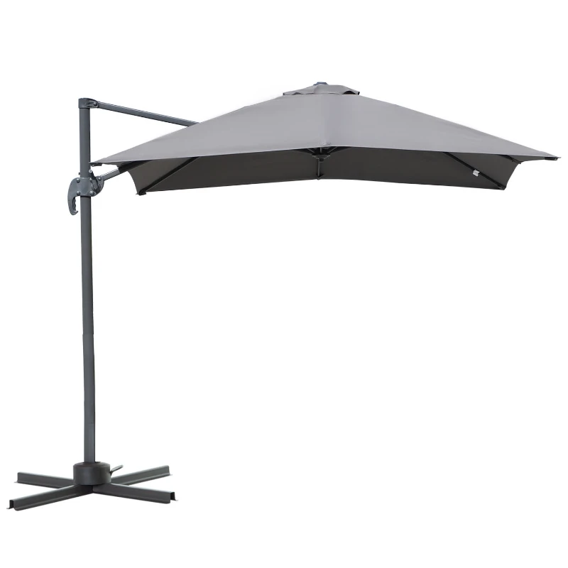 Outsunny 8' x 8' Square Patio Hanging Offset Umbrella Aluminum Outdoor Cantilever Crank Market Parasol Garden Sun Canopy Shelter 360° Rotation w/ Cross Base Grey