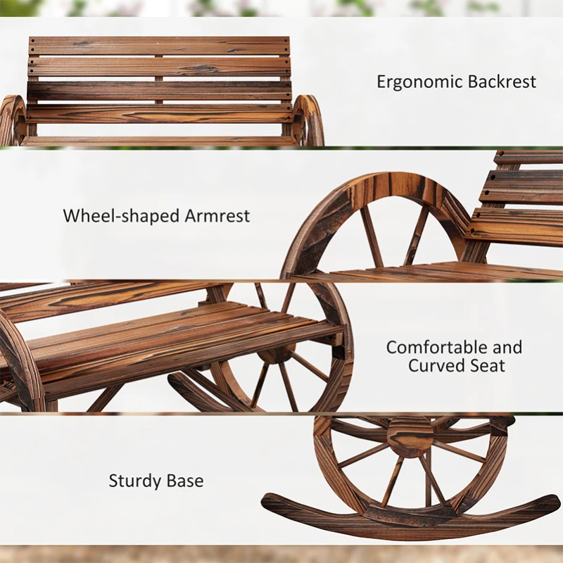 Outsunny Rocking Outdoor Bench, Wood Outdoor Loveseat with Wagon Wheel Armrests, Carbonized