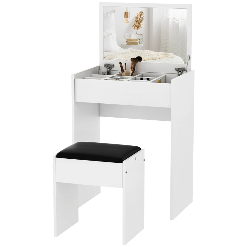 HOMCOM Modern Vanity Set with Makeup Table and Cushioned Stool, Dressing Table with Flip Top and Mirror for Bedroom, White