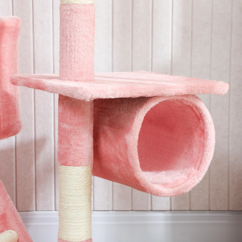 PawHut 94"-102" Floor to Ceiling Cat Tree High Cat Condo Scratching Post Activity Center Multi-Level Play House Pink