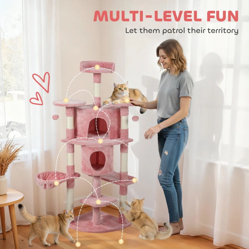 PawHut 62" Cat Tree with Scratching Post, 2 Condos, Hammock, Perches, Plush, Pompoms, for Indoor Cats, Pink