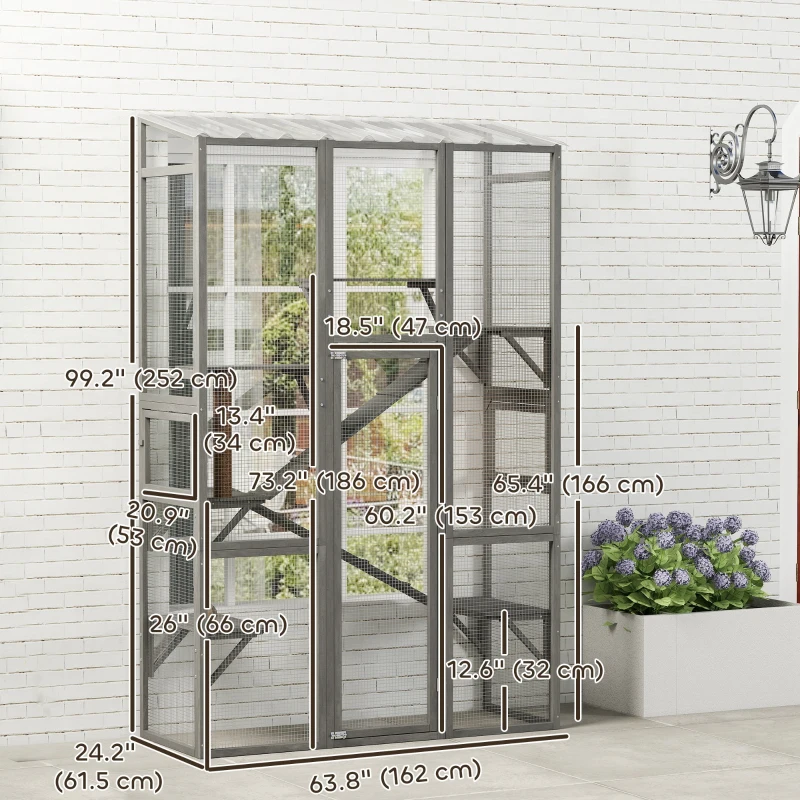 PawHut Wooden Catio Outdoor Cat Enclosure with 6 Jumping Platforms, Scratching Post, 2 Ramps, Waterproof Roof, Grey