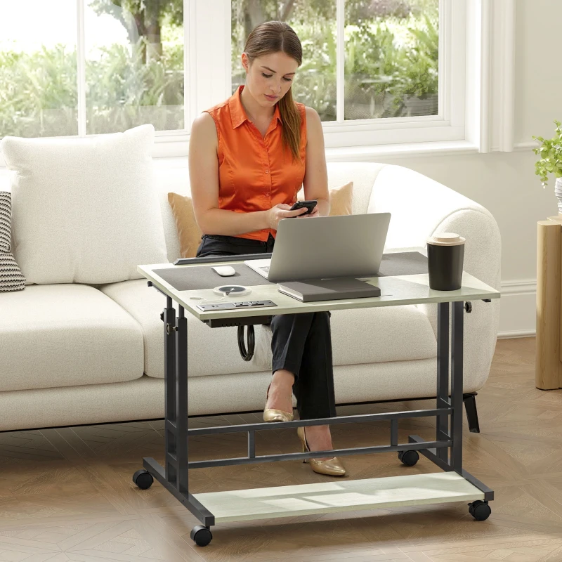 HOMCOM Adjustable Standing Desk with Power Outlets, Stand Up Desk with Tiltable Tabletop, Wheels, Shelf, for Home Office, Oak