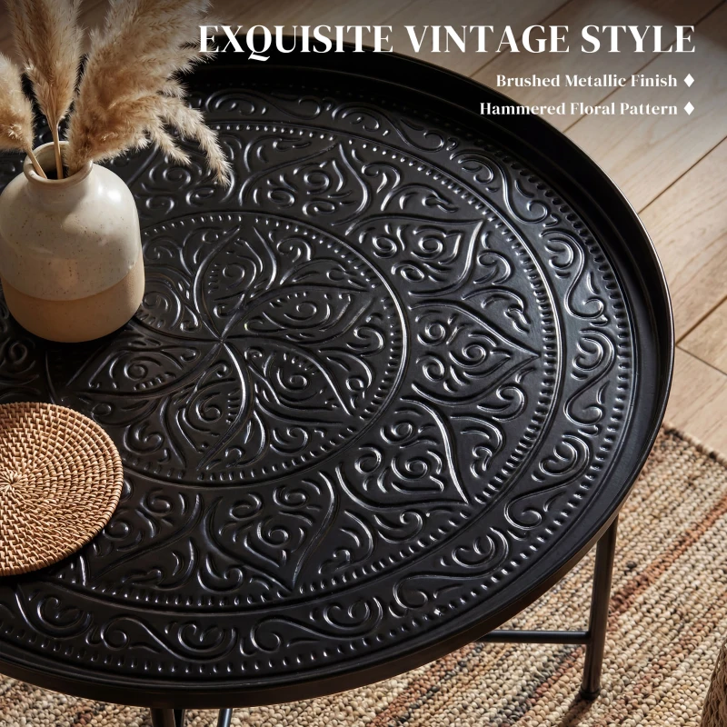 HOMCOM Coffee Table for Living Room, 24" Round Center Table with Hammered Tray Top and Metal Frame for Bedroom, Black