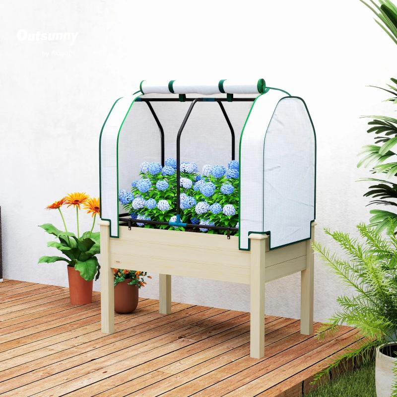 Outsunny Raised Garden Bed with PE Greenhouse Cover Outdoor Planter Box for Herbs and Vegetables, 35 x 22 x 47 inch, Natural