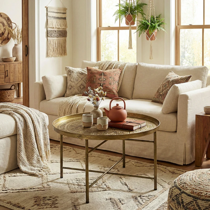 HOMCOM Coffee Table for Living Room, 24" Round Center Table with Hammered Tray Top and Metal Frame for Bedroom, Gold