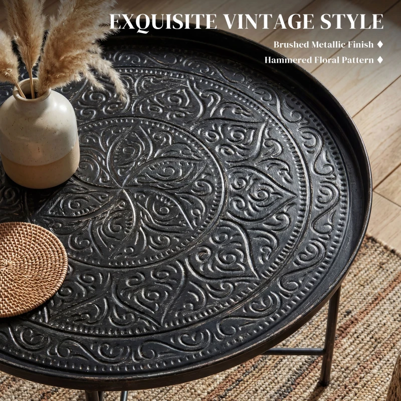 HOMCOM Coffee Table for Living Room, 24" Round Center Table with Hammered Tray Top and Metal Frame for Bedroom, Pewter