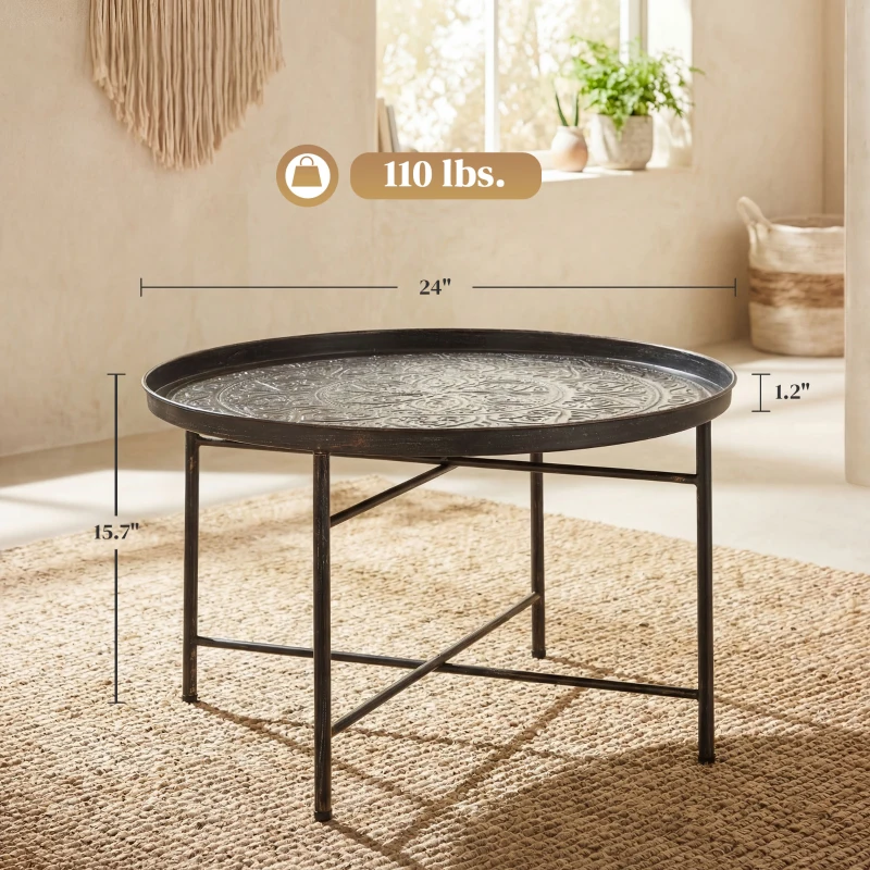 HOMCOM Coffee Table for Living Room, 24" Round Center Table with Hammered Tray Top and Metal Frame for Bedroom, Pewter