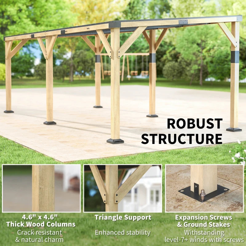 Outsunny 10' x 20' Wooden Gazebo, Hardtop Lean-to Gazebo Pergola with Galvanized Steel Sloped Roof, Light Walnut