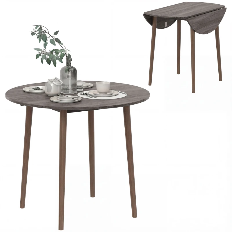 HOMCOM 35" Folding Dining Table, Collapsible Drop Leaf Table with Round Tabletop, Wood Legs, Distressed Light Grey