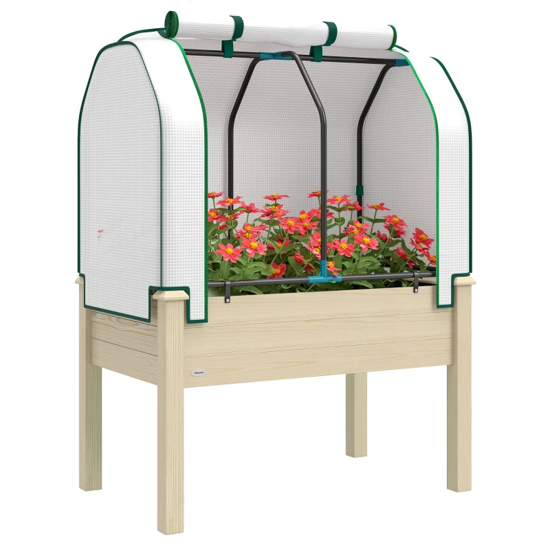 Outsunny Raised Garden Bed with PE Greenhouse Cover Outdoor Planter Box for Herbs and Vegetables, 35 x 22 x 47 inch, Natural