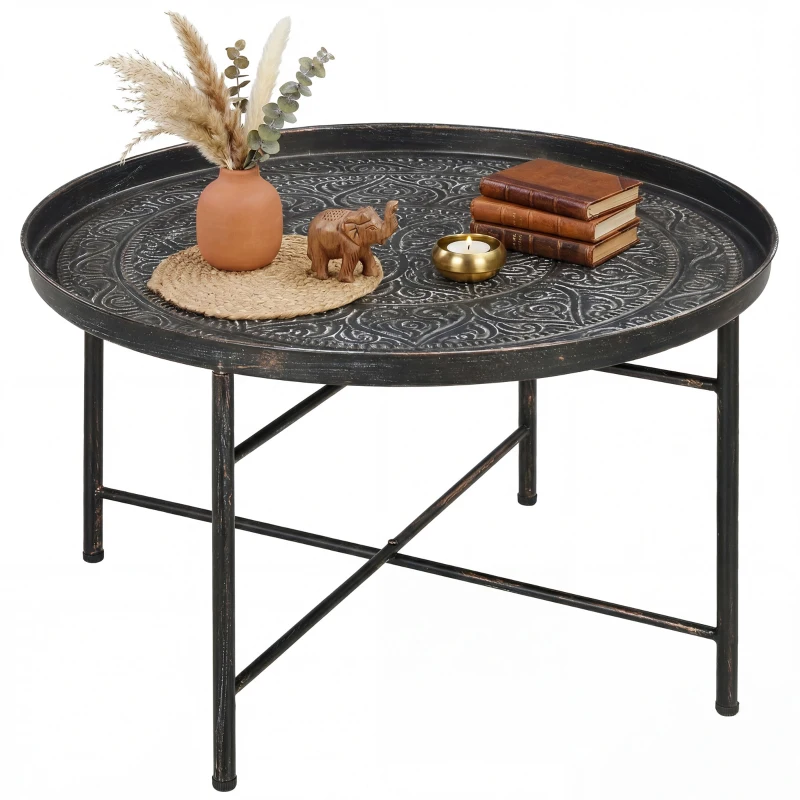 HOMCOM Coffee Table for Living Room, 24" Round Center Table with Hammered Tray Top and Metal Frame for Bedroom, Pewter