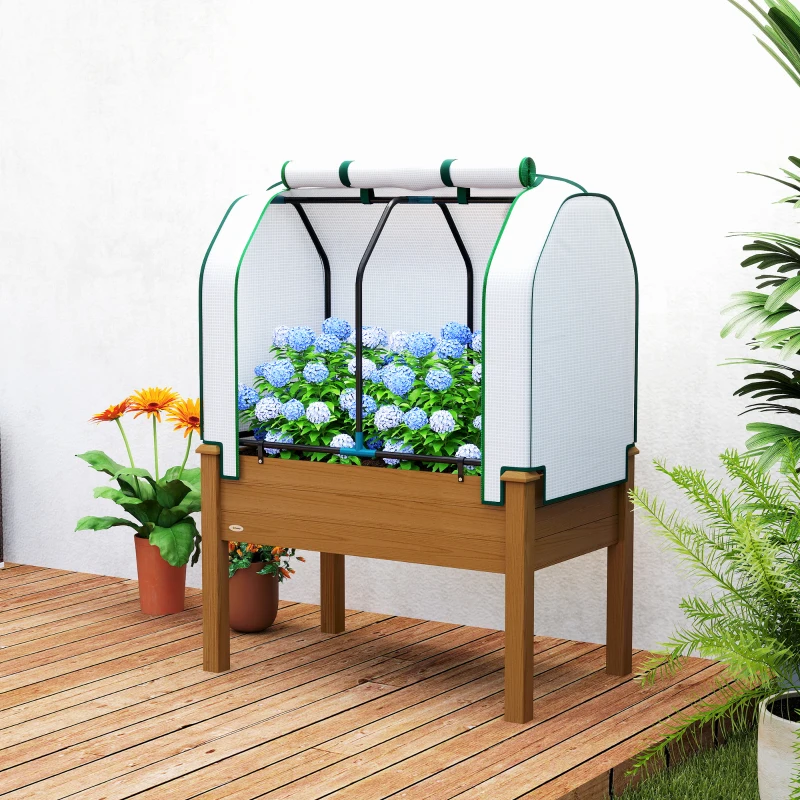 Outsunny Raised Garden Bed with PE Greenhouse Cover Outdoor Planter Box for Herbs and Vegetables, 35 x 22 x 47 inch, Brown