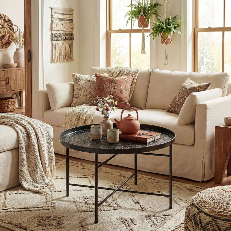 HOMCOM Coffee Table for Living Room, 24" Round Center Table with Hammered Tray Top and Metal Frame for Bedroom, Black