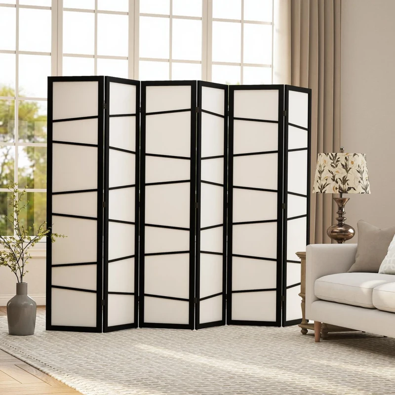 HOMCOM 66.9" Folding Room Divider, 6 Panel Wall Partition with Wood Frame for Bedroom, Home Office, White