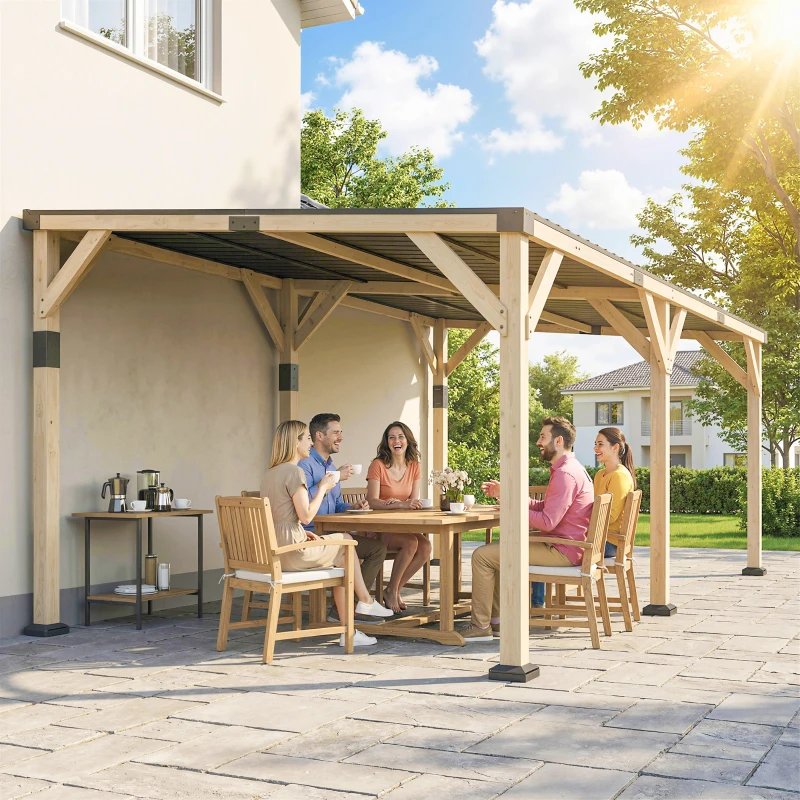 Outsunny 10' x 20' Wooden Gazebo, Hardtop Lean-to Gazebo Pergola with Galvanized Steel Sloped Roof, Light Walnut