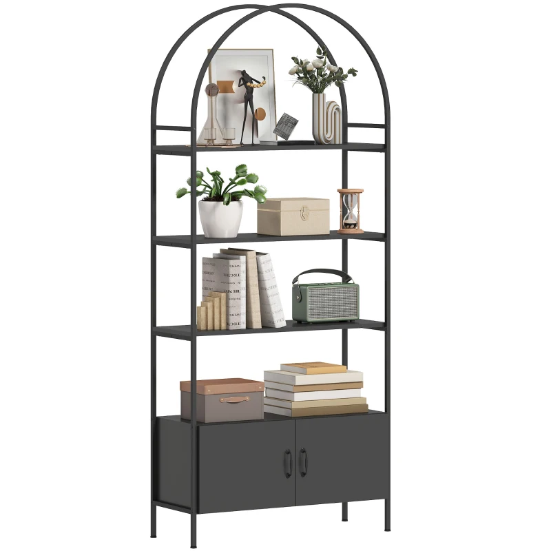 HOMCOM 4-Tier Arched Shelving Unit with Cabinet, Bookshelf for Living Room, Office, 31.5" x 11.8" x 73.6", Black