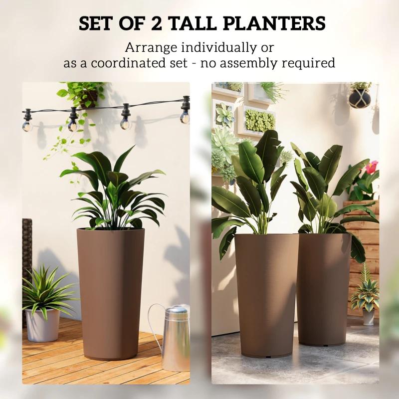 Outsunny 29 Inch Outdoor Planter, Set of 2 Plastic Flower Pots, Weather and UV Resistant Stackable Large Planters, Brown