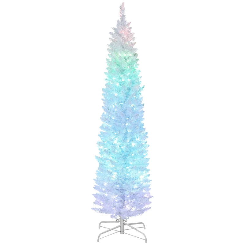 HOMCOM 6ft Christmas Tree with Colourful DIY Synchronized LEDs, Hinged Pencil Xmas Tree with Remote, Daily Timer, White