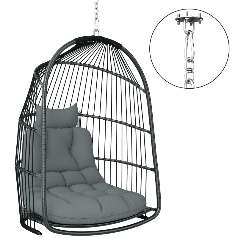 Outsunny Hanging Egg Chair, Foldable Rattan Garden Swing Chair with Installation Kit, Thickened Cushion and Headrest, Dark Grey