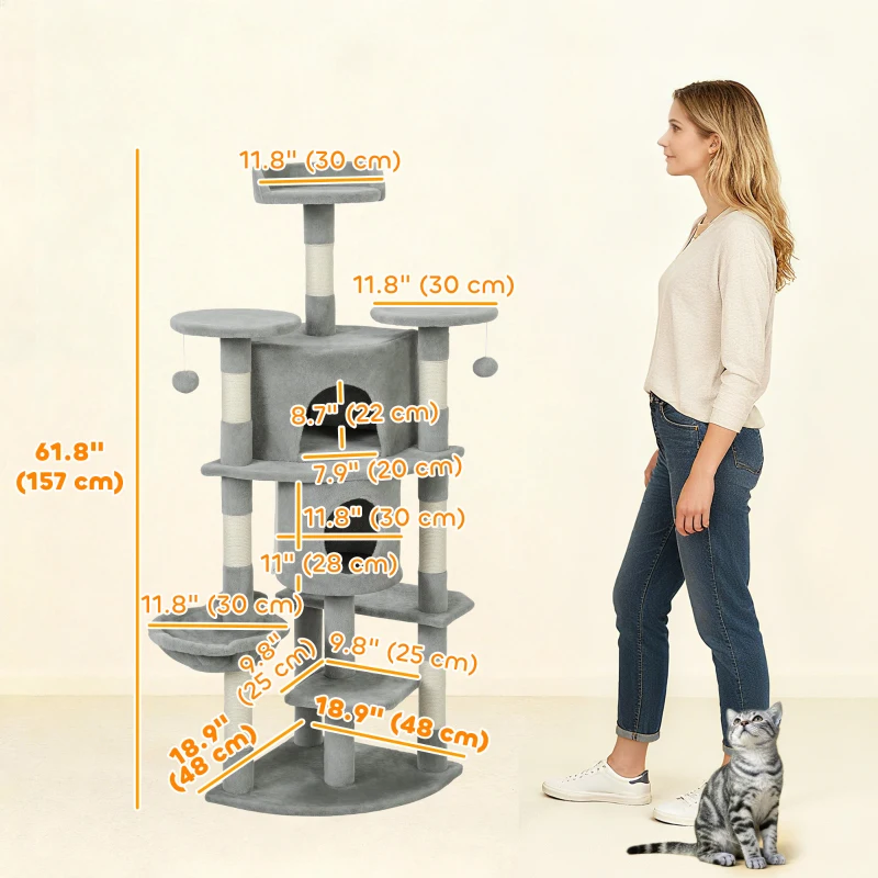 PawHut 62" Cat Tree with Scratching Post, 2 Condos, Hammock, Perches, Plush, Pompoms, for Indoor Cats, Light Grey