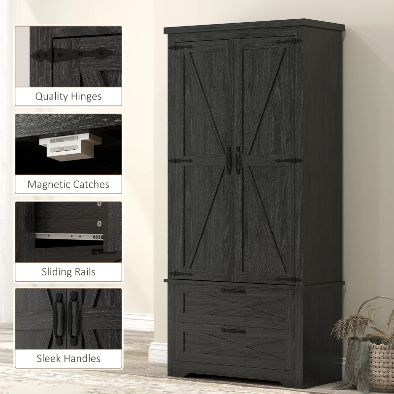 HOMCOM Farmhouse Kitchen Pantry Storage Cabinet, 64" Freestanding Kitchen Pantry Cabinet with Drawers, Distressed Black