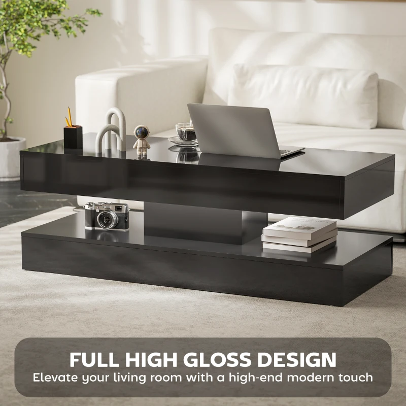 HOMCOM Coffee Table with Adjustable LED Lights, Modern Living Room Table with 2 Drawers, Open Shelf, Remote, High Gloss Black