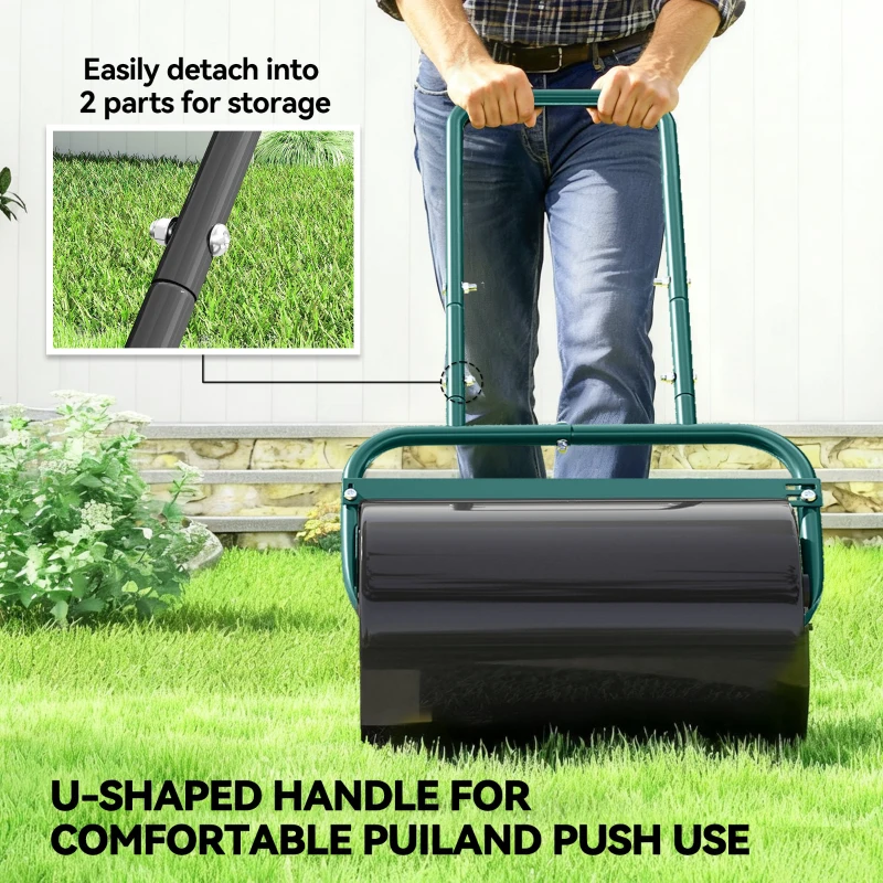 Outsunny Heavy Duty Lawn Roller, 20" Push/Tow Behind Sod Roller, Grass Flattener Filled with 11gal Water/136lbs Sand, Green