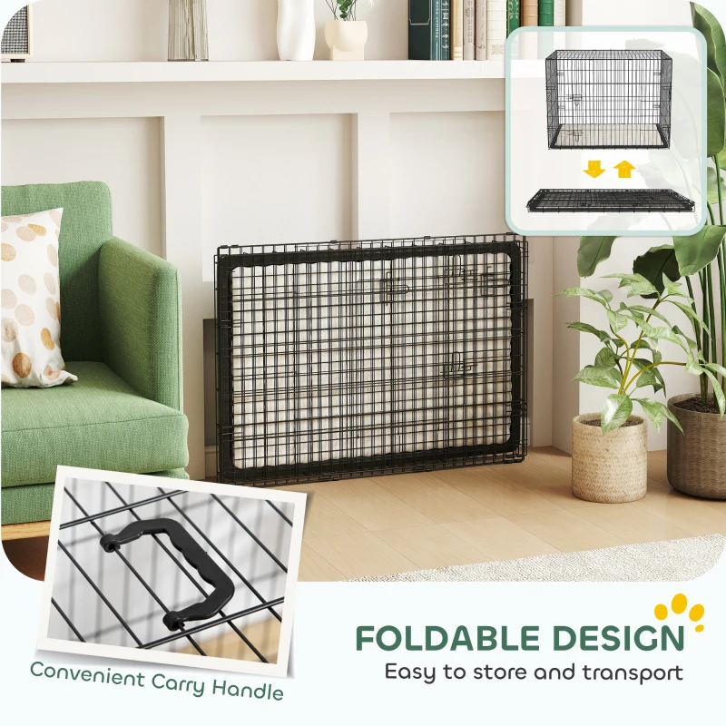 PawHut 35" Dog Crate with 2 Doors, Folding Metal Dog Cage with Soft Cushion, Removable Tray, Handle, Black