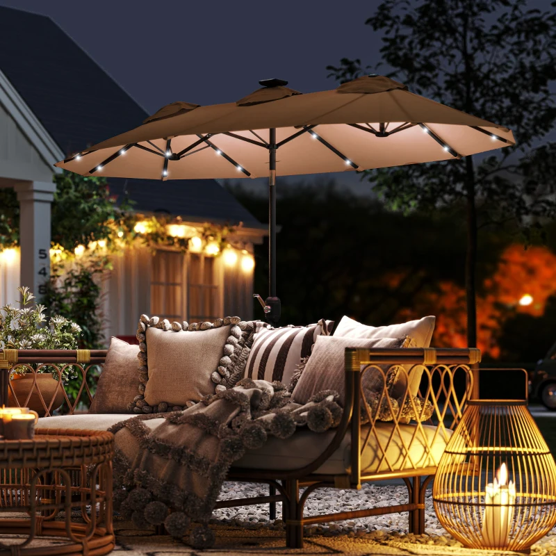 Outsunny Double-sided Patio Umbrella, 9.7 ft. Outdoor Umbrella with 45-Degree Tilt and Crank, LED Solar Light and 12 Ribs, Coffee