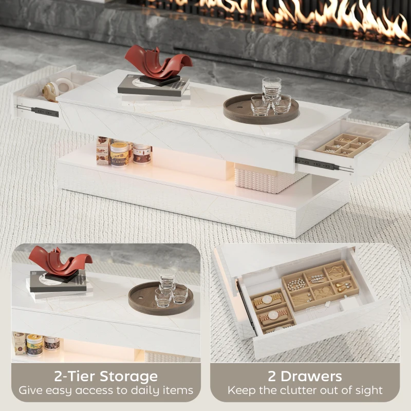 HOMCOM Coffee Table with Adjustable LED Lights, Center Table with 2 Drawers, Open Shelf, Remote, High Gloss Marble-Effect White