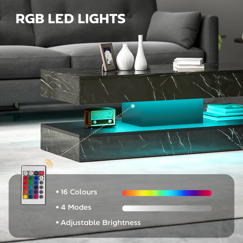 HOMCOM Coffee Table with Adjustable LED Lights, Center Table with 2 Drawers, Open Shelf, Remote, High Gloss Marble-Effect Black