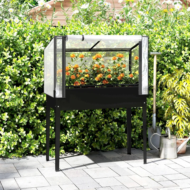 Outsunny Raised Garden Bed with Flip-Up Greenhouse Cover, Metal Elevated Garden Bed with Legs and Drainage Hole, Black