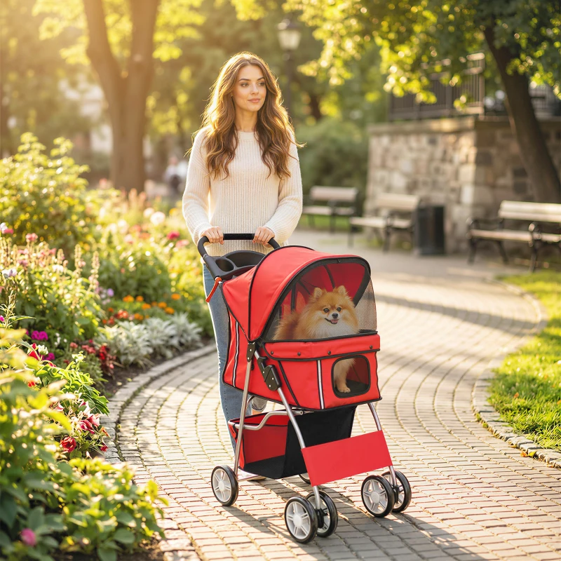 PawHut Pet Stroller with Reflective Strips, Foldable Cat Stroller with 360° Swivel Wheels for Small Dogs and Cats, Red