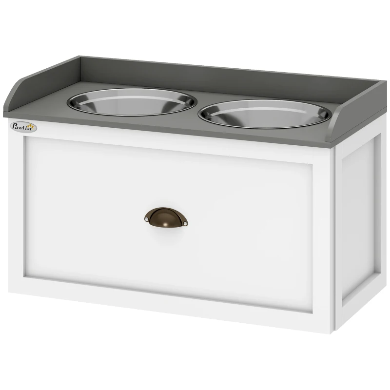 PawHut Elevated Dog Bowls Raised Pet Feeding Station with Storage 2 Stainless Steel Bowls, 23.6"x11.8" x14.2", White