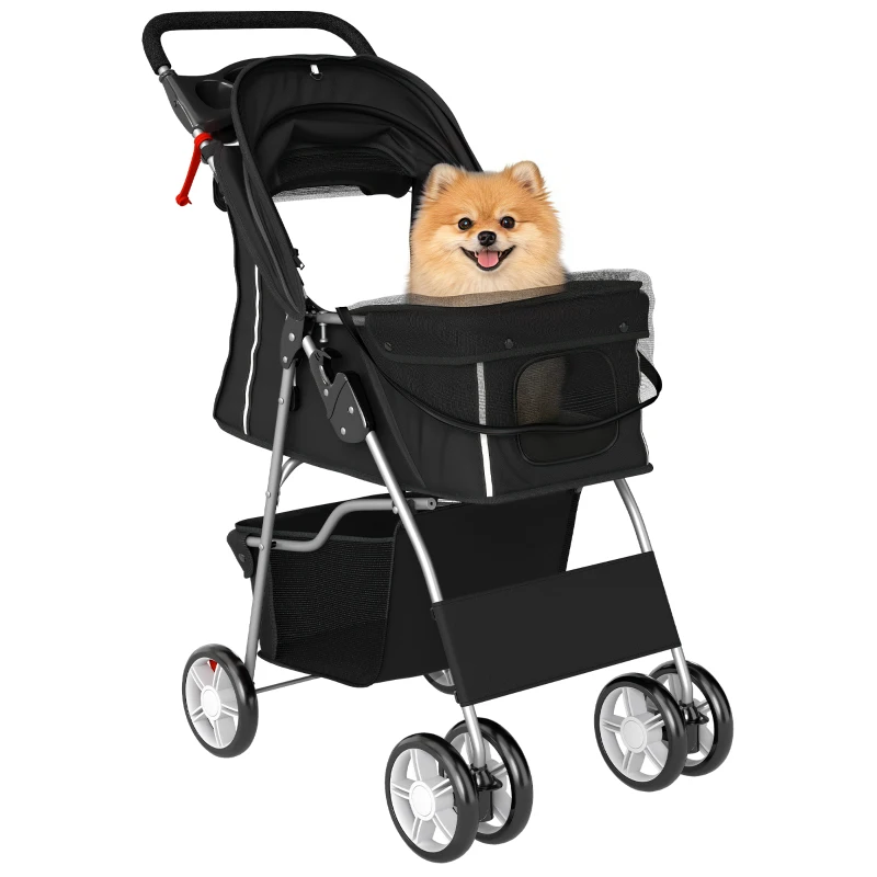 PawHut Pet Stroller with Reflective Strips, Foldable Cat Stroller with 360° Swivel Wheels for Small Dogs and Cats, Black