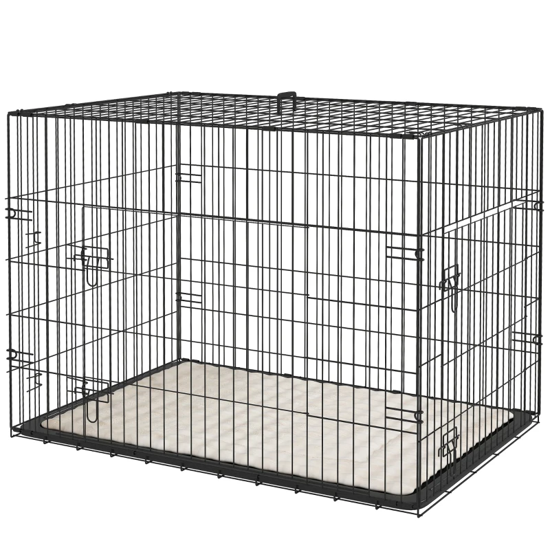 PawHut 35" Dog Crate with 2 Doors, Folding Metal Dog Cage with Soft Cushion, Removable Tray, Handle, Black