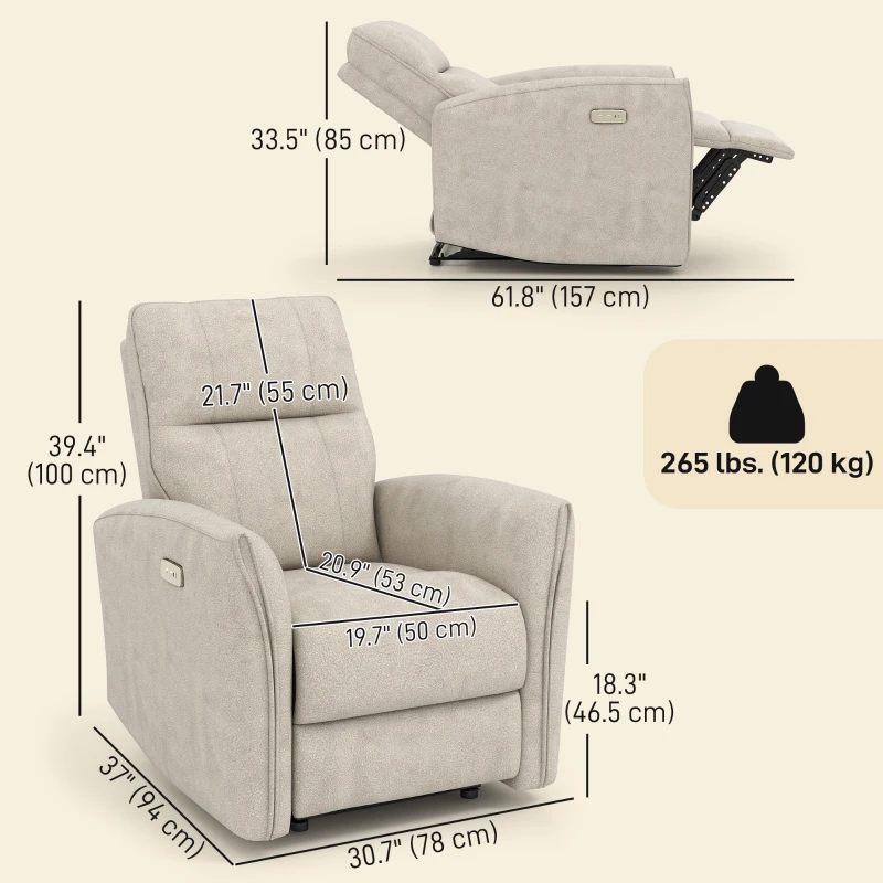 HOMCOM Power Recliner Chair, Fabric Upholstered Recliner Chair with USB Ports, Footrest, Beige