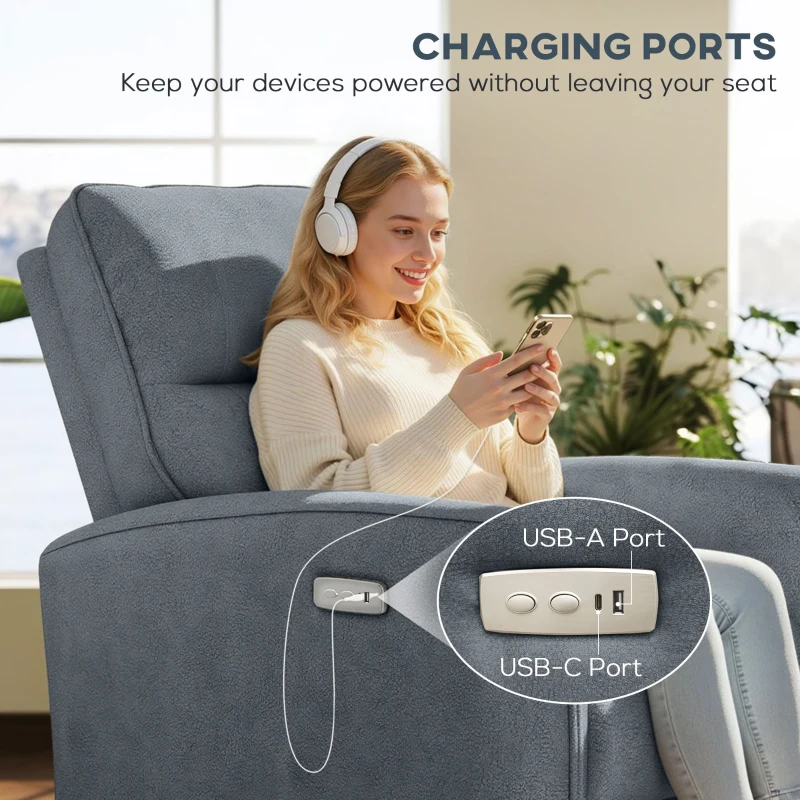 HOMCOM Power Recliner Chair, Fabric Upholstered Recliner Chair with USB Ports, Footrest, Charcoal Grey